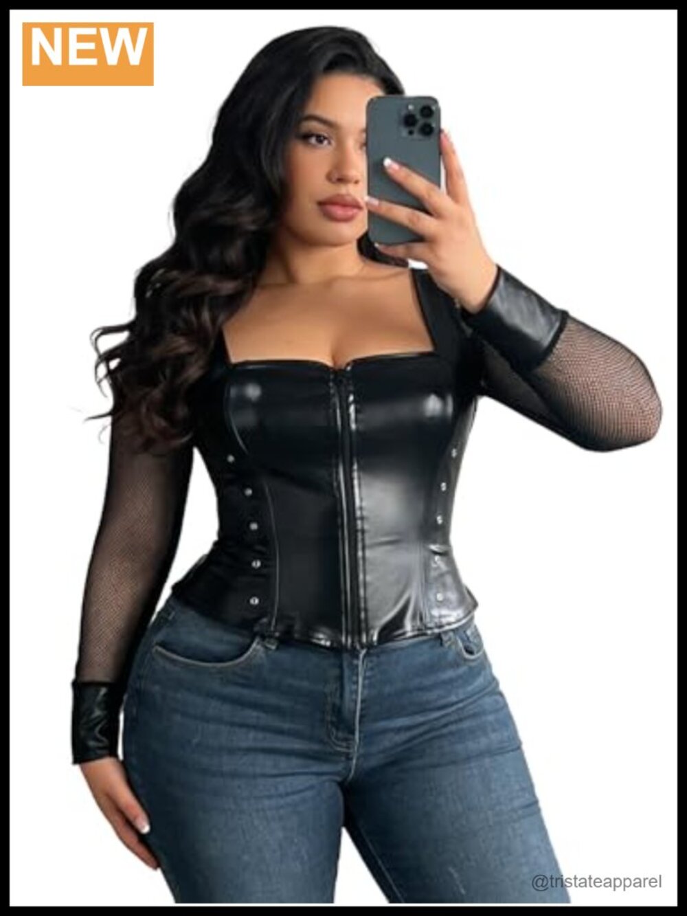 Plus Size Corset Style Lace Up Ribbed Top Square Neck Long Sleeve